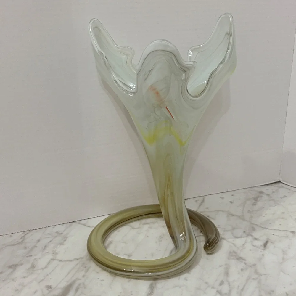 Vintage Murano Style Hand-Blown Art Glass Vase Yellow White Swirl Pattern